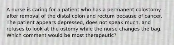 A nurse is caring for a patient who has a permanent colostomy after removal of the distal colon and rectum because of cancer. The patient appears depressed, does not speak much, and refuses to look at the ostomy while the nurse changes the bag. Which comment would be most therapeutic?