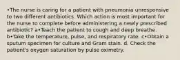 •The nurse is caring for a patient with pneumonia unresponsive to two different antibiotics. Which action is most important for the nurse to complete before administering a newly prescribed antibiotic? a•Teach the patient to cough and deep breathe. b•Take the temperature, pulse, and respiratory rate. c•Obtain a sputum specimen for culture and Gram stain. d. Check the patient's oxygen saturation by pulse oximetry.