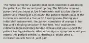 The nurse caring for a patient post colon resection is assessing the patient on the second post op day. The NG tube remains patent and continues at low intermittent wall suction. the IV is patent and infusing at 125 mL/hr. the patient reports pain at the incision site rated at a 3 on a 0-10 rating scale. During your initial shift assessment, the patient complains of cramps in her legs and a tingling sensation in her feet. Your assessment indicates decreased deep tendon reflexes and you suspect the patient has hypokalemia. What other sign or symptom would you expect this patient exhibit? a. diarrhea b. dilute urine c. increased muscle tone d. joint pain