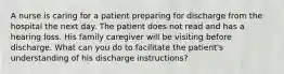 A nurse is caring for a patient preparing for discharge from the hospital the next day. The patient does not read and has a hearing loss. His family caregiver will be visiting before discharge. What can you do to facilitate the patient's understanding of his discharge instructions?