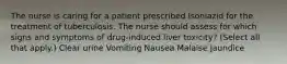 The nurse is caring for a patient prescribed Isoniazid for the treatment of tuberculosis. The nurse should assess for which signs and symptoms of drug-induced liver toxicity? (Select all that apply.) Clear urine Vomiting Nausea Malaise Jaundice