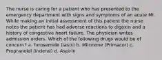 The nurse is caring for a patient who has presented to the emergency department with signs and symptoms of an acute MI. While making an initial assessment of this patient the nurse notes the patient has had adverse reactions to digoxin and a history of congestive heart failure. The physician writes admission orders. Which of the following drugs would be of concern? a. furosemide (lasix) b. Milrinone (Primacor) c. Propranolol (inderal) d. Aspirin