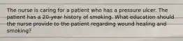 The nurse is caring for a patient who has a pressure ulcer. The patient has a 20-year history of smoking. What education should the nurse provide to the patient regarding wound healing and smoking?