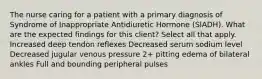 The nurse caring for a patient with a primary diagnosis of Syndrome of Inappropriate Antidiuretic Hormone (SIADH). What are the expected findings for this client? Select all that apply. Increased deep tendon reflexes Decreased serum sodium level Decreased jugular venous pressure 2+ pitting edema of bilateral ankles Full and bounding peripheral pulses