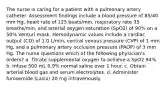 The nurse is caring for a patient with a pulmonary artery catheter. Assessment findings include a blood pressure of 85/40 mm Hg, heart rate of 125 beats/min, respiratory rate 35 breaths/min, and arterial oxygen saturation (SpO2) of 90% on a 50% Venturi mask. Hemodynamic values include a cardiac output (CO) of 1.0 L/min, central venous pressure (CVP) of 1 mm Hg, and a pulmonary artery occlusion pressure (PAOP) of 3 mm Hg. The nurse questions which of the following physician's orders? a. Titrate supplemental oxygen to achieve a SpO2 94%. b. Infuse 500 mL 0.9% normal saline over 1 hour. c. Obtain arterial blood gas and serum electrolytes. d. Administer furosemide (Lasix) 20 mg intravenously.