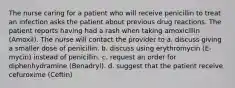 The nurse caring for a patient who will receive penicillin to treat an infection asks the patient about previous drug reactions. The patient reports having had a rash when taking amoxicillin (Amoxil). The nurse will contact the provider to a. discuss giving a smaller dose of penicillin. b. discuss using erythromycin (E-mycin) instead of penicillin. c. request an order for diphenhydramine (Benadryl). d. suggest that the patient receive cefuroxime (Ceftin)