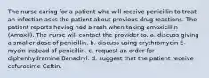 The nurse caring for a patient who will receive penicillin to treat an infection asks the patient about previous drug reactions. The patient reports having had a rash when taking amoxicillin (Amoxil). The nurse will contact the provider to. a. discuss giving a smaller dose of penicillin. b. discuss using erythromycin E-mycin instead of penicillin. c. request an order for diphenhydramine Benadryl. d. suggest that the patient receive cefuroxime Ceftin.