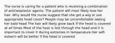 The nurse is caring for a patient who is receiving a combination of antineoplastic agents. The patient will most likely lose her hair. Why would the nurse suggest that she get a wig or use appropriate head cover? People may be uncomfortable seeing her bald head The hair will likely grow back if the head is covered at all times Most of the heat is lost through the head and it is important to cover it during extremes in temperature Her self-esteem will be better if the head is covered