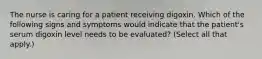 The nurse is caring for a patient receiving digoxin. Which of the following signs and symptoms would indicate that the patient's serum digoxin level needs to be evaluated? (Select all that apply.)