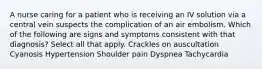 A nurse caring for a patient who is receiving an IV solution via a central vein suspects the complication of an air embolism. Which of the following are signs and symptoms consistent with that diagnosis? Select all that apply. Crackles on auscultation Cyanosis Hypertension Shoulder pain Dyspnea Tachycardia