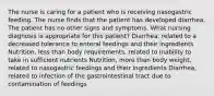 The nurse is caring for a patient who is receiving nasogastric feeding. The nurse finds that the patient has developed diarrhea. The patient has no other signs and symptoms. What nursing diagnosis is appropriate for this patient? Diarrhea, related to a decreased tolerance to enteral feedings and their ingredients Nutrition, less than body requirements, related to inability to take in sufficient nutrients Nutrition, more than body weight, related to nasogastric feedings and their ingredients Diarrhea, related to infection of the gastrointestinal tract due to contamination of feedings