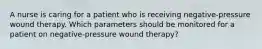 A nurse is caring for a patient who is receiving negative-pressure wound therapy. Which parameters should be monitored for a patient on negative-pressure wound therapy?