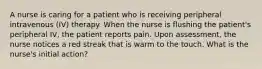 A nurse is caring for a patient who is receiving peripheral intravenous (IV) therapy. When the nurse is flushing the patient's peripheral IV, the patient reports pain. Upon assessment, the nurse notices a red streak that is warm to the touch. What is the nurse's initial action?