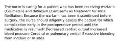 The nurse is caring for a patient who has been receiving warfarin (Coumadin) and diltiazem (Cardizem) as treatment for atrial fibrillation. Because the warfarin has been discontinued before surgery, the nurse should diligently assess the patient for which complication early in the postoperative period until the medication is resumed? Decreased cardiac output Increased blood pressure Cerebral or pulmonary emboli Excessive bleeding from incision or IV sites