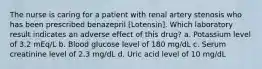 The nurse is caring for a patient with renal artery stenosis who has been prescribed benazepril [Lotensin]. Which laboratory result indicates an adverse effect of this drug? a. Potassium level of 3.2 mEq/L b. Blood glucose level of 180 mg/dL c. Serum creatinine level of 2.3 mg/dL d. Uric acid level of 10 mg/dL