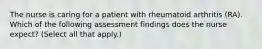 The nurse is caring for a patient with rheumatoid arthritis (RA). Which of the following assessment findings does the nurse expect? (Select all that apply.)