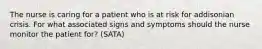 The nurse is caring for a patient who is at risk for addisonian crisis. For what associated signs and symptoms should the nurse monitor the patient for? (SATA)