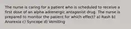 The nurse is caring for a patient who is scheduled to receive a first dose of an alpha adrenergic antagonist drug. The nurse is prepared to monitor the patient for which effect? a) Rash b) Anorexia c) Syncope d) Vomiting