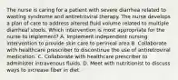 The nurse is caring for a patient with severe diarrhea related to wasting syndrome and antiretroviral therapy. The nurse develops a plan of care to address altered fluid volume related to multiple diarrheal stools. Which intervention is most appropriate for the nurse to implement? A. Implement independent nursing intervention to provide skin care to perineal area B. Collaborate with healthcare prescriber to discontinue the use of antiretroviral medication. C. Collaborate with healthcare prescriber to administer intravenous fluids. D. Meet with nutritionist to discuss ways to increase fiber in diet.