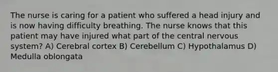 The nurse is caring for a patient who suffered a head injury and is now having difficulty breathing. The nurse knows that this patient may have injured what part of the central nervous system? A) Cerebral cortex B) Cerebellum C) Hypothalamus D) Medulla oblongata