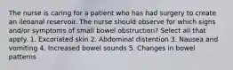 The nurse is caring for a patient who has had surgery to create an ileoanal reservoir. The nurse should observe for which signs and/or symptoms of small bowel obstruction? Select all that apply. 1. Excoriated skin 2. Abdominal distention 3. Nausea and vomiting 4. Increased bowel sounds 5. Changes in bowel patterns