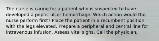 The nurse is caring for a patient who is suspected to have developed a peptic ulcer hemorrhage. Which action would the nurse perform first? Place the patient in a recumbent position with the legs elevated. Prepare a peripheral and central line for intravenous infusion. Assess vital signs. Call the physician.