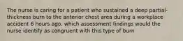 The nurse is caring for a patient who sustained a deep partial-thickness burn to the anterior chest area during a workplace accident 6 hours ago. which assessment findings would the nurse identify as congruent with this type of burn