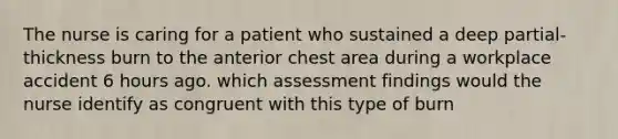 The nurse is caring for a patient who sustained a deep partial-thickness burn to the anterior chest area during a workplace accident 6 hours ago. which assessment findings would the nurse identify as congruent with this type of burn