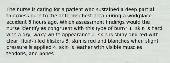 The nurse is caring for a patient who sustained a deep partial-thickness burn to the anterior chest area during a workplace accident 6 hours ago. Which assessment findings would the nurse identify as congruent with this type of burn? 1. skin is hard with a dry, waxy white appearance 2. skin is shiny and red with clear, fluid-filled blisters 3. skin is red and blanches when slight pressure is applied 4. skin is leather with visible muscles, tendons, and bones