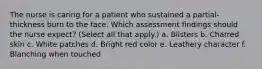 The nurse is caring for a patient who sustained a partial-thickness burn to the face. Which assessment findings should the nurse expect? (Select all that apply.) a. Blisters b. Charred skin c. White patches d. Bright red color e. Leathery character f. Blanching when touched