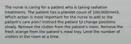 The nurse is caring for a patient who is taking radiation treatments. The patient has a platelet count of 100,000/mm3. Which action is most important for the nurse to add to the patient's care plan? Instruct the patient to change positions slowly. Remove the clutter from the patient's room. Remove the fresh orange from the patient's meal tray. Limit the number of visitors in the room at a time.