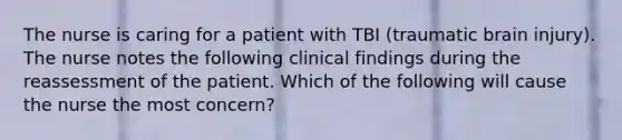 The nurse is caring for a patient with TBI (traumatic brain injury). The nurse notes the following clinical findings during the reassessment of the patient. Which of the following will cause the nurse the most concern?