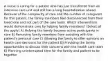 A nurse is caring for a patient who has just transferred from an intensive care unit and still has a long hospitalization ahead. Because of the complexity of care and the number of caregivers for this patient, the family members feel disconnected from their loved one and not part of the care team. Which interventions would demonstrate care by helping family members? (Select all the apply) A) Helping the family become active participants in care B) Removing family members from assisting with the patient's personal care C) Allowing the family to offer opinions on health care decisions for the patient D) Providing the family opportunities to discuss their concerns with the health care team E) Planning uninterrupted time for the family and patient to be together