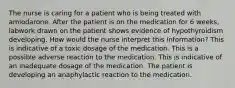 The nurse is caring for a patient who is being treated with amiodarone. After the patient is on the medication for 6 weeks, labwork drawn on the patient shows evidence of hypothyroidism developing. How would the nurse interpret this information? This is indicative of a toxic dosage of the medication. This is a possible adverse reaction to the medication. This is indicative of an inadequate dosage of the medication. The patient is developing an anaphylactic reaction to the medication.