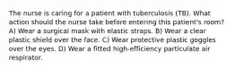 The nurse is caring for a patient with tuberculosis (TB). What action should the nurse take before entering this patient's room? A) Wear a surgical mask with elastic straps. B) Wear a clear plastic shield over the face. C) Wear protective plastic goggles over the eyes. D) Wear a fitted high-efficiency particulate air respirator.