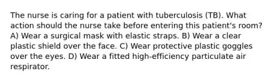 The nurse is caring for a patient with tuberculosis (TB). What action should the nurse take before entering this patient's room? A) Wear a surgical mask with elastic straps. B) Wear a clear plastic shield over the face. C) Wear protective plastic goggles over the eyes. D) Wear a fitted high-efficiency particulate air respirator.