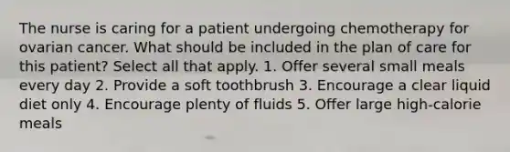 The nurse is caring for a patient undergoing chemotherapy for ovarian cancer. What should be included in the plan of care for this patient? Select all that apply. 1. Offer several small meals every day 2. Provide a soft toothbrush 3. Encourage a clear liquid diet only 4. Encourage plenty of fluids 5. Offer large high-calorie meals