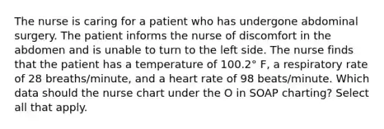 The nurse is caring for a patient who has undergone abdominal surgery. The patient informs the nurse of discomfort in the abdomen and is unable to turn to the left side. The nurse finds that the patient has a temperature of 100.2° F, a respiratory rate of 28 breaths/minute, and a heart rate of 98 beats/minute. Which data should the nurse chart under the O in SOAP charting? Select all that apply.