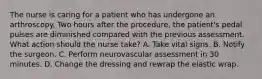 The nurse is caring for a patient who has undergone an arthroscopy. Two hours after the procedure, the patient's pedal pulses are diminished compared with the previous assessment. What action should the nurse take? A. Take vital signs. B. Notify the surgeon. C. Perform neurovascular assessment in 30 minutes. D. Change the dressing and rewrap the elastic wrap.