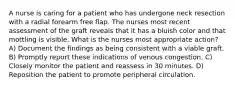 A nurse is caring for a patient who has undergone neck resection with a radial forearm free flap. The nurses most recent assessment of the graft reveals that it has a bluish color and that mottling is visible. What is the nurses most appropriate action? A) Document the findings as being consistent with a viable graft. B) Promptly report these indications of venous congestion. C) Closely monitor the patient and reassess in 30 minutes. D) Reposition the patient to promote peripheral circulation.