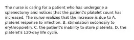 The nurse is caring for a patient who has undergone a splenectomy and notices that the patient's platelet count has increased. The nurse realizes that the increase is due to A. platelet response to infection. B. stimulation secondary to erythropoietin. C. the patient's inability to store platelets. D. the platelet's 120-day life cycle.