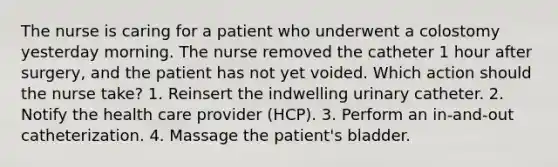 The nurse is caring for a patient who underwent a colostomy yesterday morning. The nurse removed the catheter 1 hour after surgery, and the patient has not yet voided. Which action should the nurse take? 1. Reinsert the indwelling urinary catheter. 2. Notify the health care provider (HCP). 3. Perform an in-and-out catheterization. 4. Massage the patient's bladder.