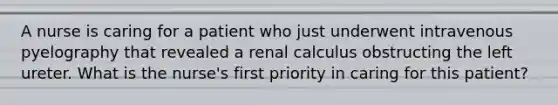 A nurse is caring for a patient who just underwent intravenous pyelography that revealed a renal calculus obstructing the left ureter. What is the nurse's first priority in caring for this patient?