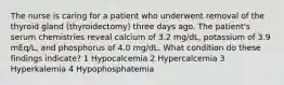 The nurse is caring for a patient who underwent removal of the thyroid gland (thyroidectomy) three days ago. The patient's serum chemistries reveal calcium of 3.2 mg/dL, potassium of 3.9 mEq/L, and phosphorus of 4.0 mg/dL. What condition do these findings indicate? 1 Hypocalcemia 2 Hypercalcemia 3 Hyperkalemia 4 Hypophosphatemia