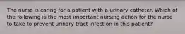 The nurse is caring for a patient with a urinary catheter. Which of the following is the most important nursing action for the nurse to take to prevent urinary tract infection in this patient?