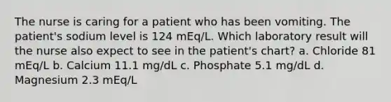 The nurse is caring for a patient who has been vomiting. The patient's sodium level is 124 mEq/L. Which laboratory result will the nurse also expect to see in the patient's chart? a. Chloride 81 mEq/L b. Calcium 11.1 mg/dL c. Phosphate 5.1 mg/dL d. Magnesium 2.3 mEq/L