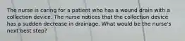 The nurse is caring for a patient who has a wound drain with a collection device. The nurse notices that the collection device has a sudden decrease in drainage. What would be the nurse's next best step?