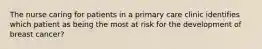 The nurse caring for patients in a primary care clinic identifies which patient as being the most at risk for the development of breast cancer?