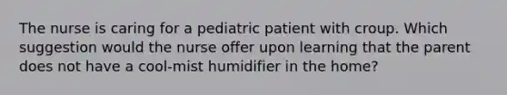 The nurse is caring for a pediatric patient with croup. Which suggestion would the nurse offer upon learning that the parent does not have a cool-mist humidifier in the home?