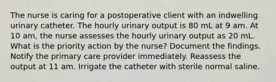 The nurse is caring for a postoperative client with an indwelling urinary catheter. The hourly urinary output is 80 mL at 9 am. At 10 am, the nurse assesses the hourly urinary output as 20 mL. What is the priority action by the nurse? Document the findings. Notify the primary care provider immediately. Reassess the output at 11 am. Irrigate the catheter with sterile normal saline.